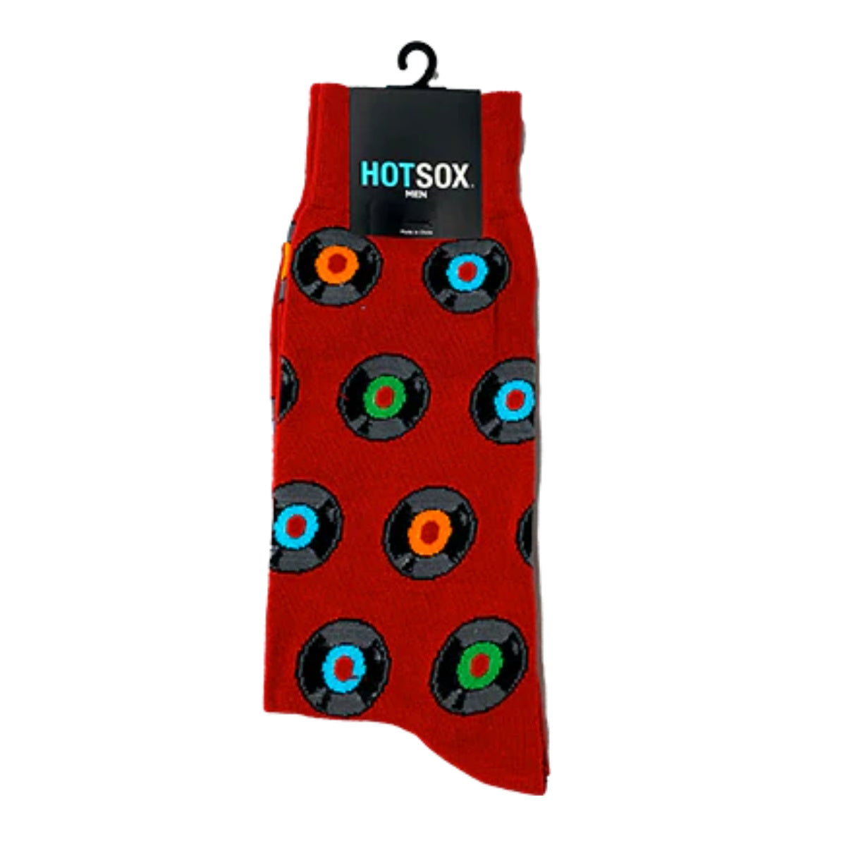 Men’s crew socks in black with repeating colorful vinyl record pattern, designed for US shoe sizes 6–12.5 made of soft cotton blend with stretch. Style #ZHM100178