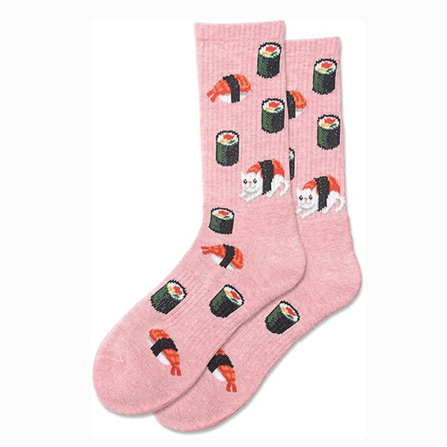 Women’s crew socks with colorful sushi cat patterns, fitting US shoe sizes 4–10.5, made from soft cotton blend with stretch and durability. Style #HSW70032