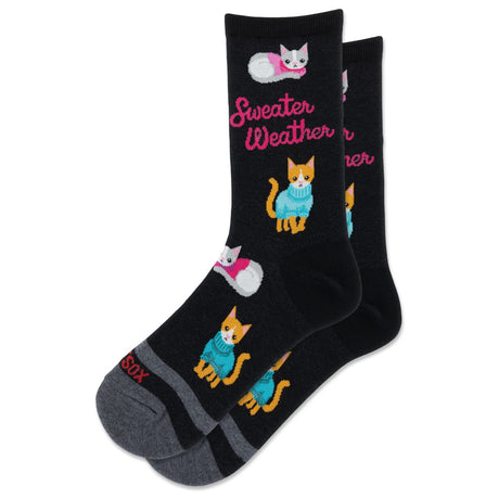 Hotsox black women's socks featuring cats wearing sweaters and pink script text reading Sweater Weather. Style #HSW10532