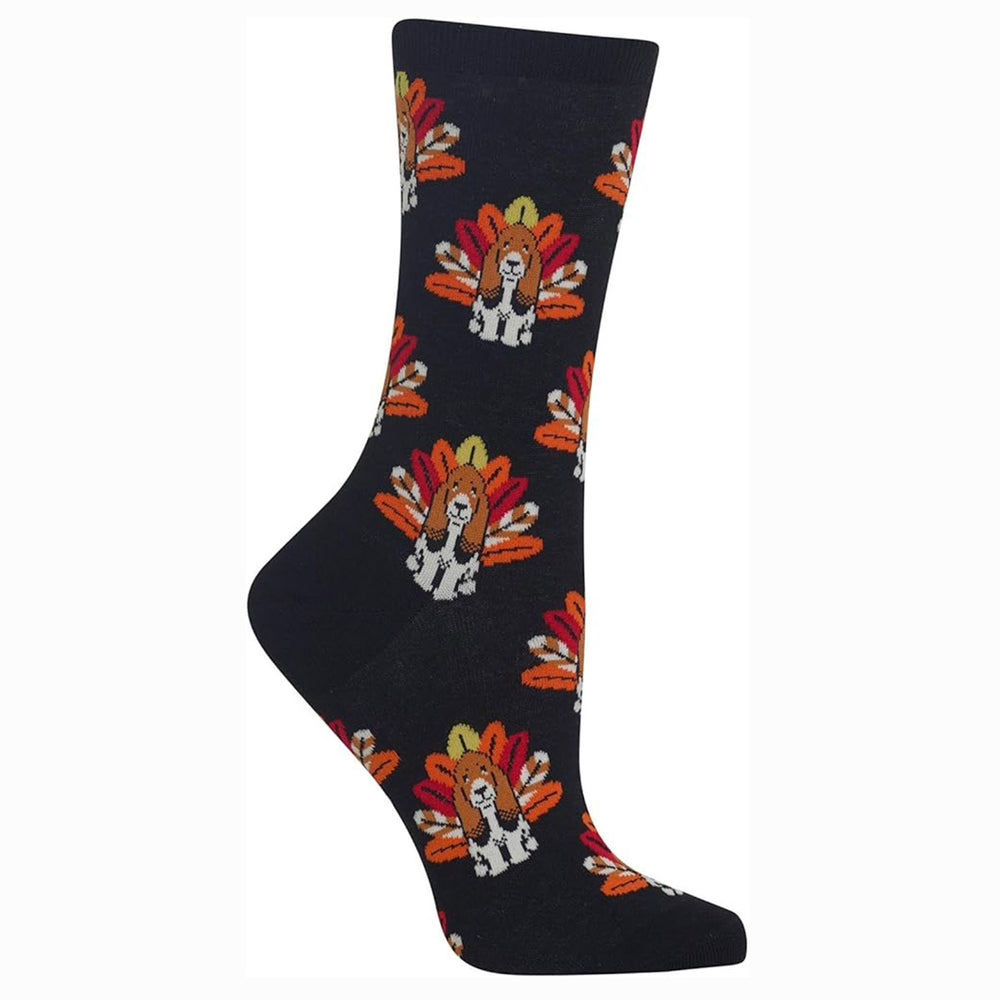 Women’s crew socks featuring a colorful turkey and dog pattern, designed to fit US shoe sizes 4–10.5 made from soft cotton blend with stretch. Style #HO002518