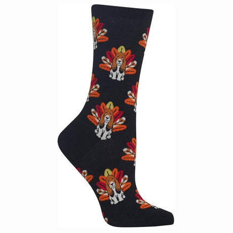 Women’s crew socks featuring a colorful turkey and dog pattern, designed to fit US shoe sizes 4–10.5 made from soft cotton blend with stretch. Style #HO002518