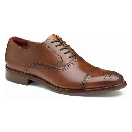 Johnston & Murphy Conard 2.0 Cap‑Toe Men's Dress Shoe in Tan. Men's Dress shoe, brown dress shoe, fancy shoe, tan leather, lace-up dress shoes, detailed dress shoes, all-day comfort. Style #20-3442