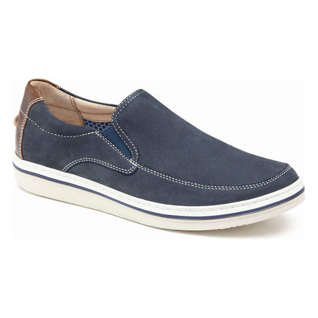 Johnston & Murphy McGuffey Perforated Men's Slip-On in Navy. Johnston & Murphy McGuffey navy slip-on, McGuffey perforated shoe, men’s casual slip-on Canada, breathable leather slip-on, lightweight men’s shoes. Navy slip-on, casual dress shoe, comfortable, all-day wear, soft leather. Style 25-3727 