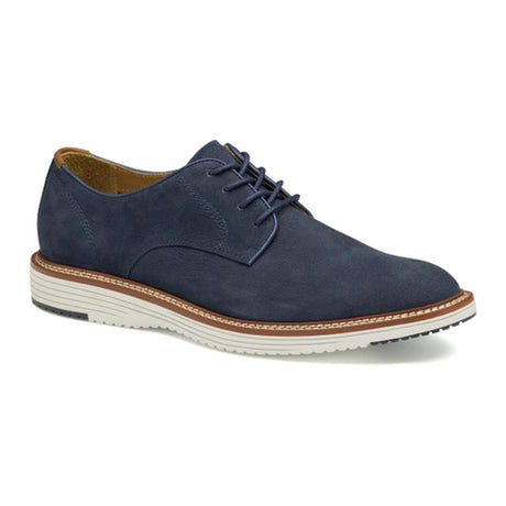Johnston & Murphy Upton Plain Toe Casual Men's Shoe in Navy. Johnston & Murphy Upton Plain Toe Navy, men’s casual leather shoe Canada, Upton plain toe Johnston & Murphy, navy casual lace-up shoes. Comfortable, dressy casual shoe, Soft leather, comfortable, all-day wear, blue leather. Style 20-3519