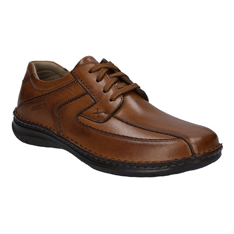 Men’s cognac brown leather shoe with wide fit, single Velcro strap across the instep, cushioned removable insole, and flexible PU sole for all-day comfort. Style #43360_370