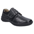 Men’s black leather slip-on shoe with wide fit, contrast stitching, elastic side panels, and removable insole. Built for comfort, support, and easy wear. Style #43360_370
