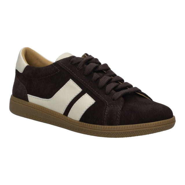 Dark chocolate brown suede sneaker with white side stripes, lace closure, white heel tab, and gum sole. Style #64404-366