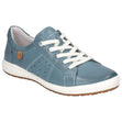 Women’s azure blue leather low-top sneaker with white laces, side perforations, and a white rubber sole. Style #67701-3515