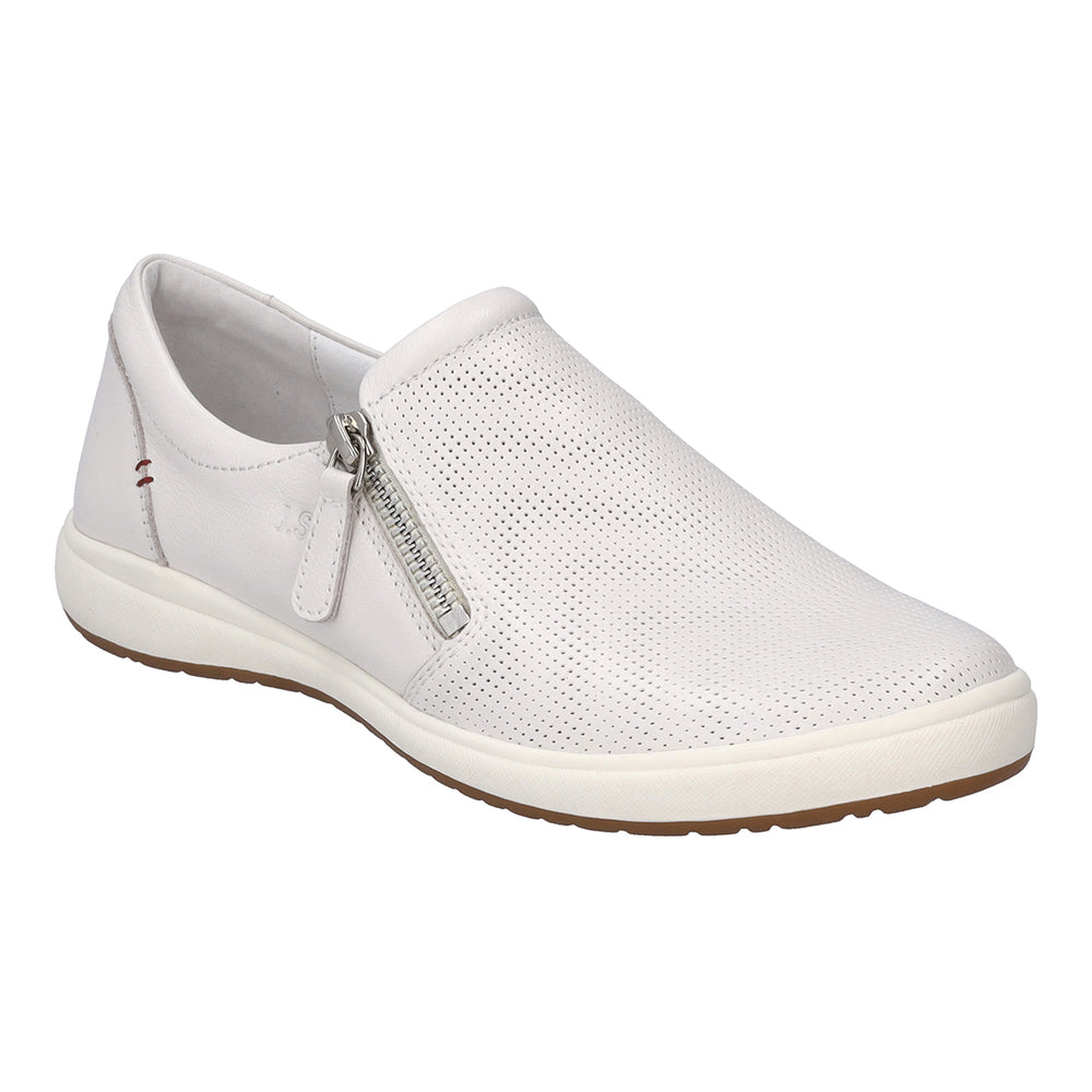 White leather low-top sneaker with white laces, side zipper, and cushioned sole. Lightweight, casual shoe with a clean profile for everyday wear.  Style #67722_133000