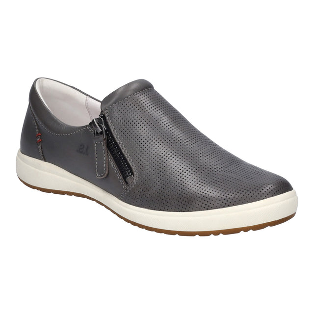 Women’s graphite grey perforated leather slip-on shoe with a side metallic zipper and a white rubber sole. Style #67722-3760