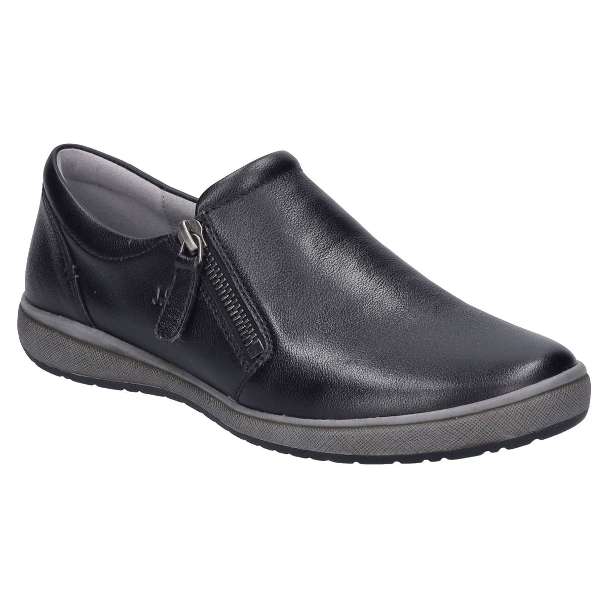 Black leather low-top sneaker with white sole, lace-up front, and outer side zipper. Casual everyday shoe with removable insole and cushioned support. Style #67722_133710