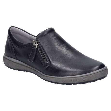 Black leather low-top sneaker with white sole, lace-up front, and outer side zipper. Casual everyday shoe with removable insole and cushioned support. Style #67722_133710