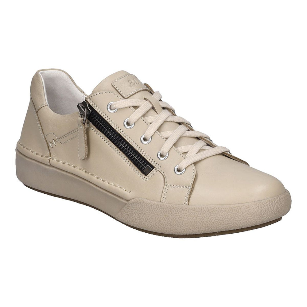 Low-profile sand-coloured leather sneaker with white sole, lace-up front, and side zipper; padded collar and smooth leather finish for everyday casual wear. Style #69903_133220