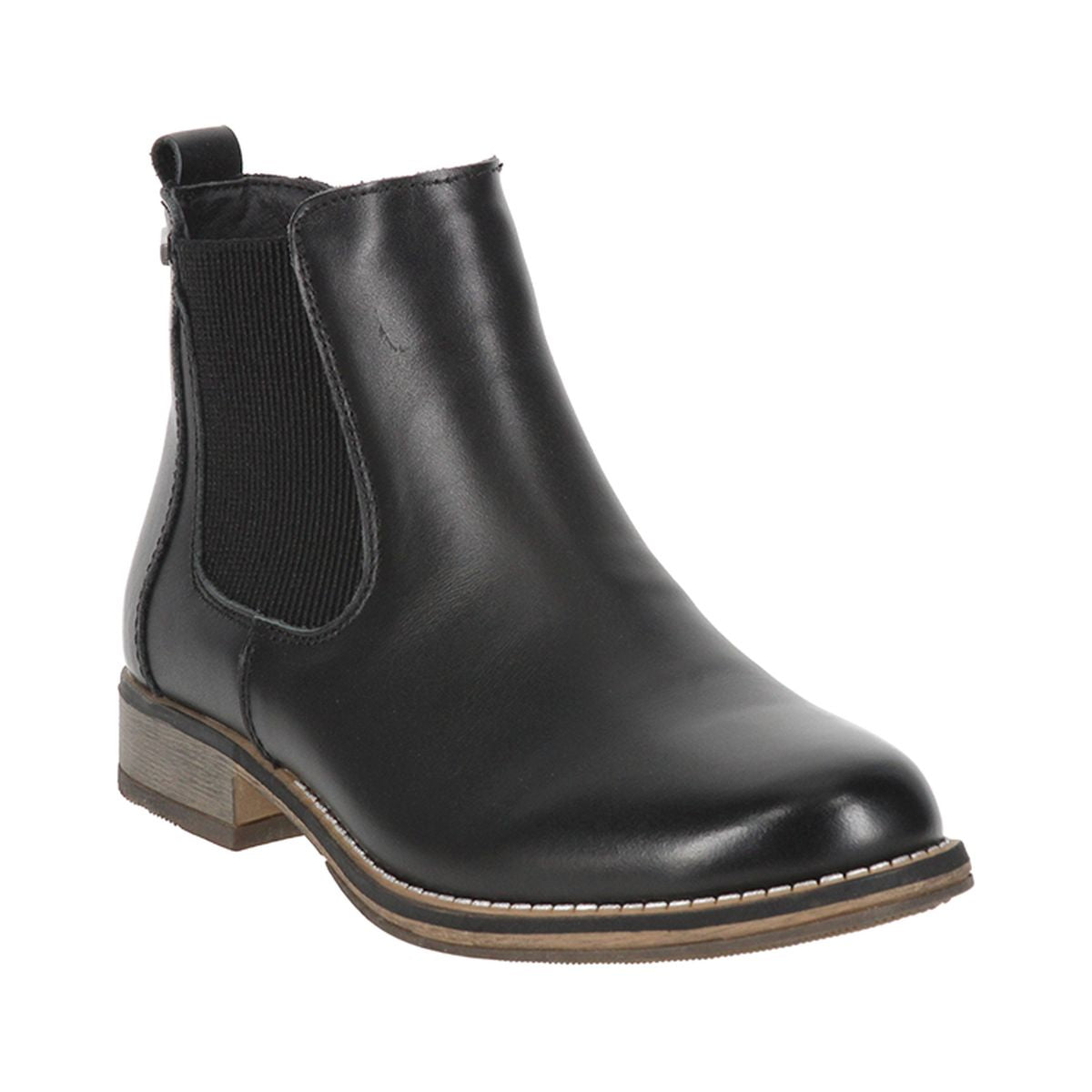 Dark indigo leather Chelsea boot with black elastic side panels, low heel, and rounded toe; waterproof and slip-on with subtle stitch detailing and durable sole. Style #717181_24100