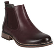 Josef Seibel bordo red leather waterproof Chelsea boot with elastic side gore, rear pull tab, and low heel. Style #717181-410