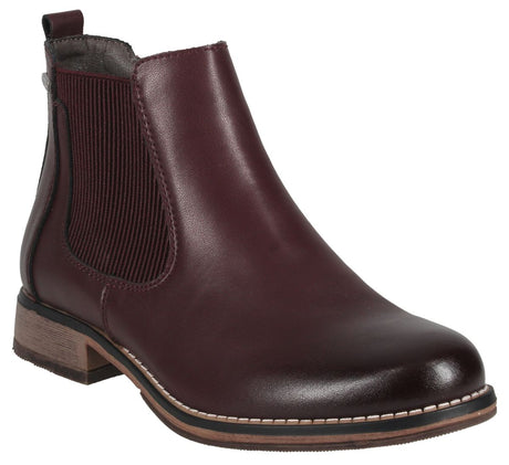 Josef Seibel bordo red leather waterproof Chelsea boot with elastic side gore, rear pull tab, and low heel. Style #717181-410