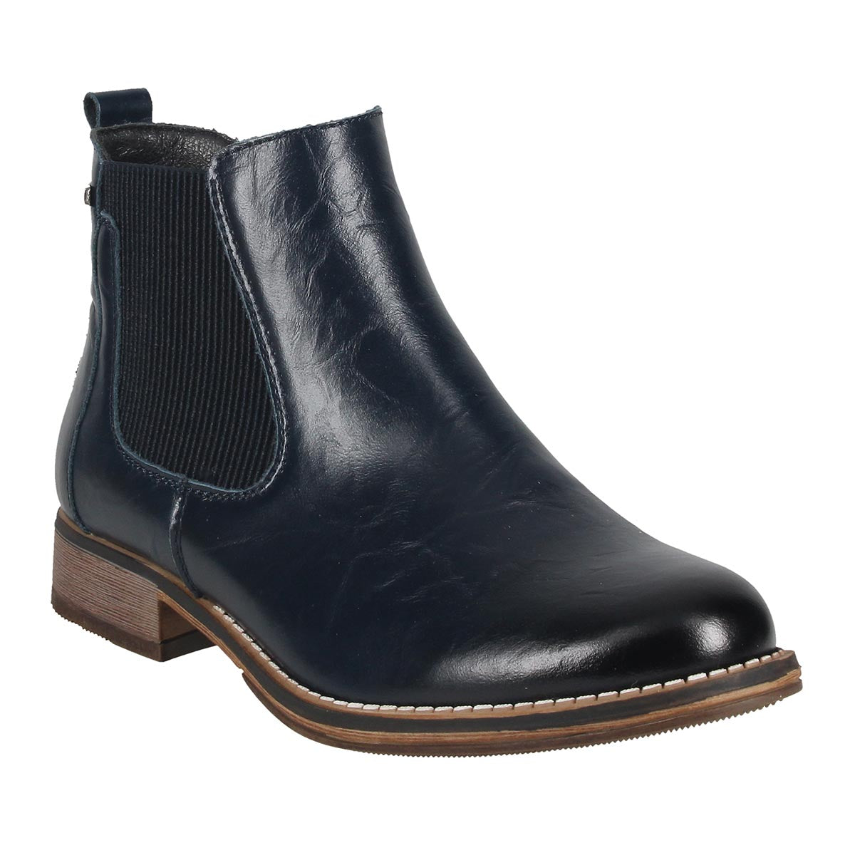 Dark blue leather Josef Seibel Chelsea boot with elastic side panels and a stacked wood-grain heel, 717181-500