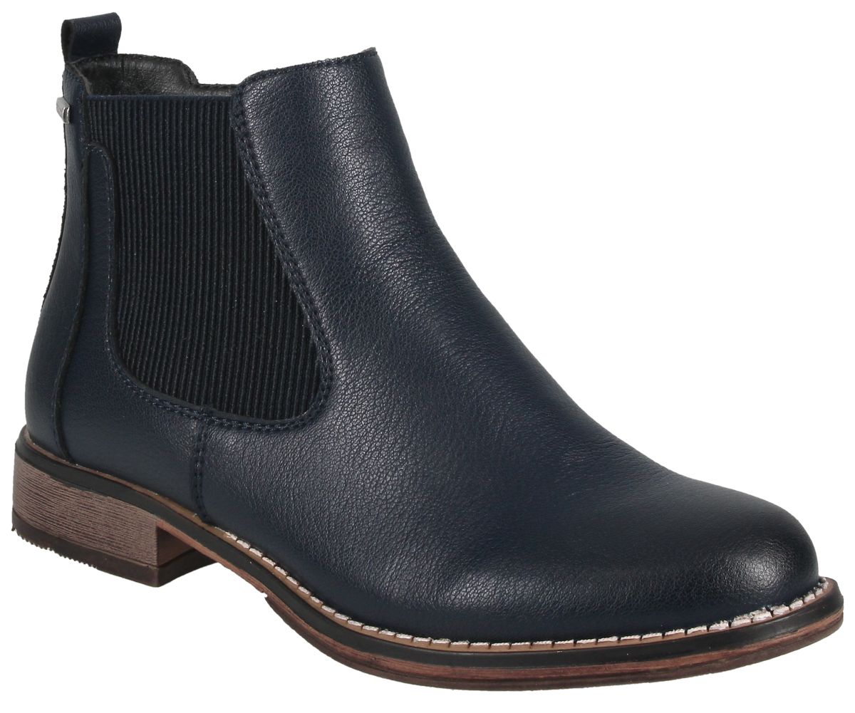 Josef Seibel ocean blue leather waterproof Chelsea boot with elastic side gore, rear pull tab, and low heel. Style #717181-530