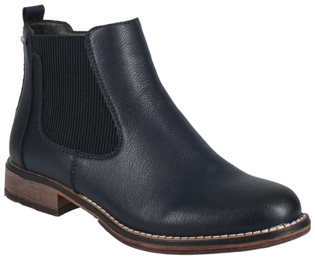 Josef Seibel ocean blue leather waterproof Chelsea boot with elastic side gore, rear pull tab, and low heel. Style #717181-530