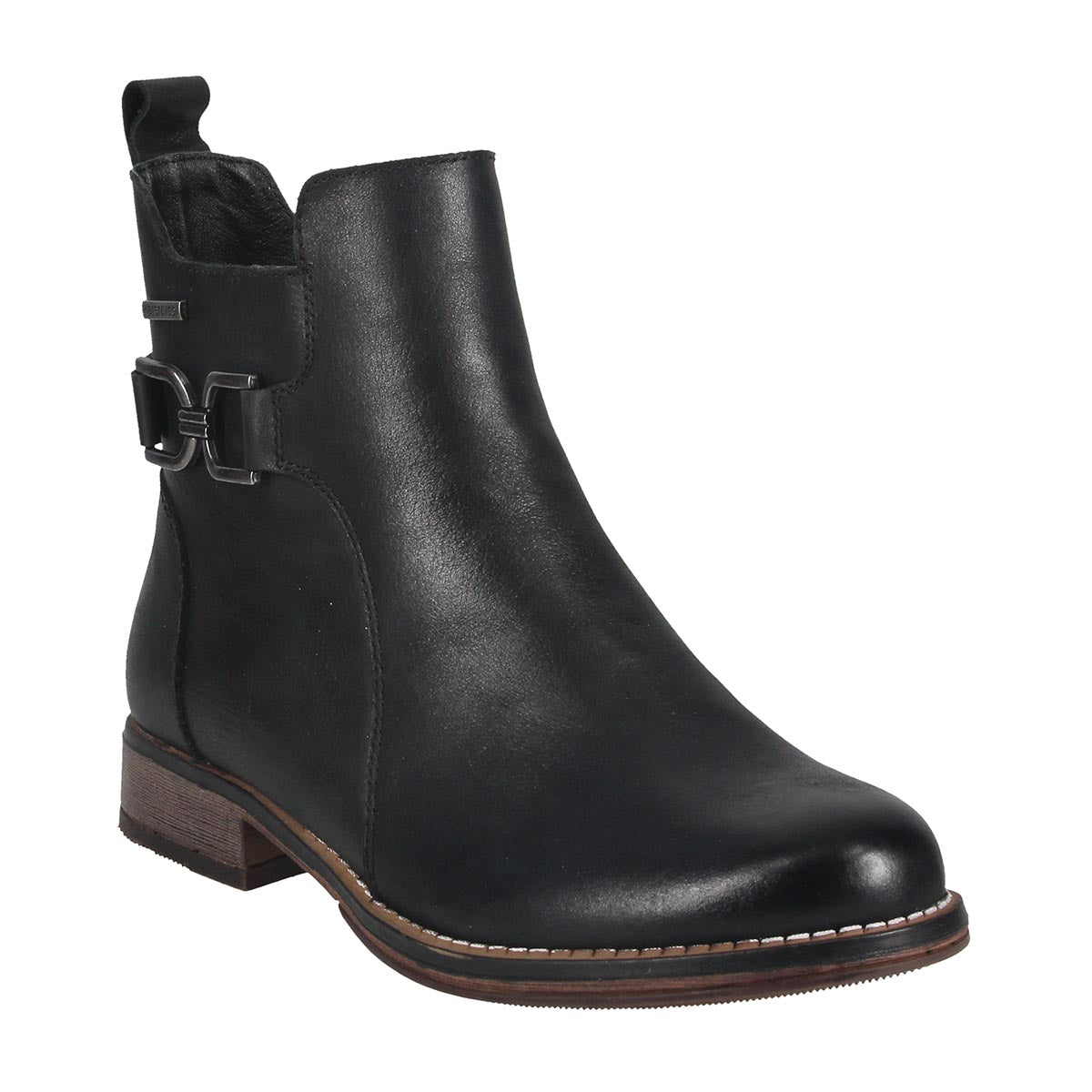 Black leather Josef Seibel ankle boot with a side buckle strap and contrast stitching on the sole, 717191-100
