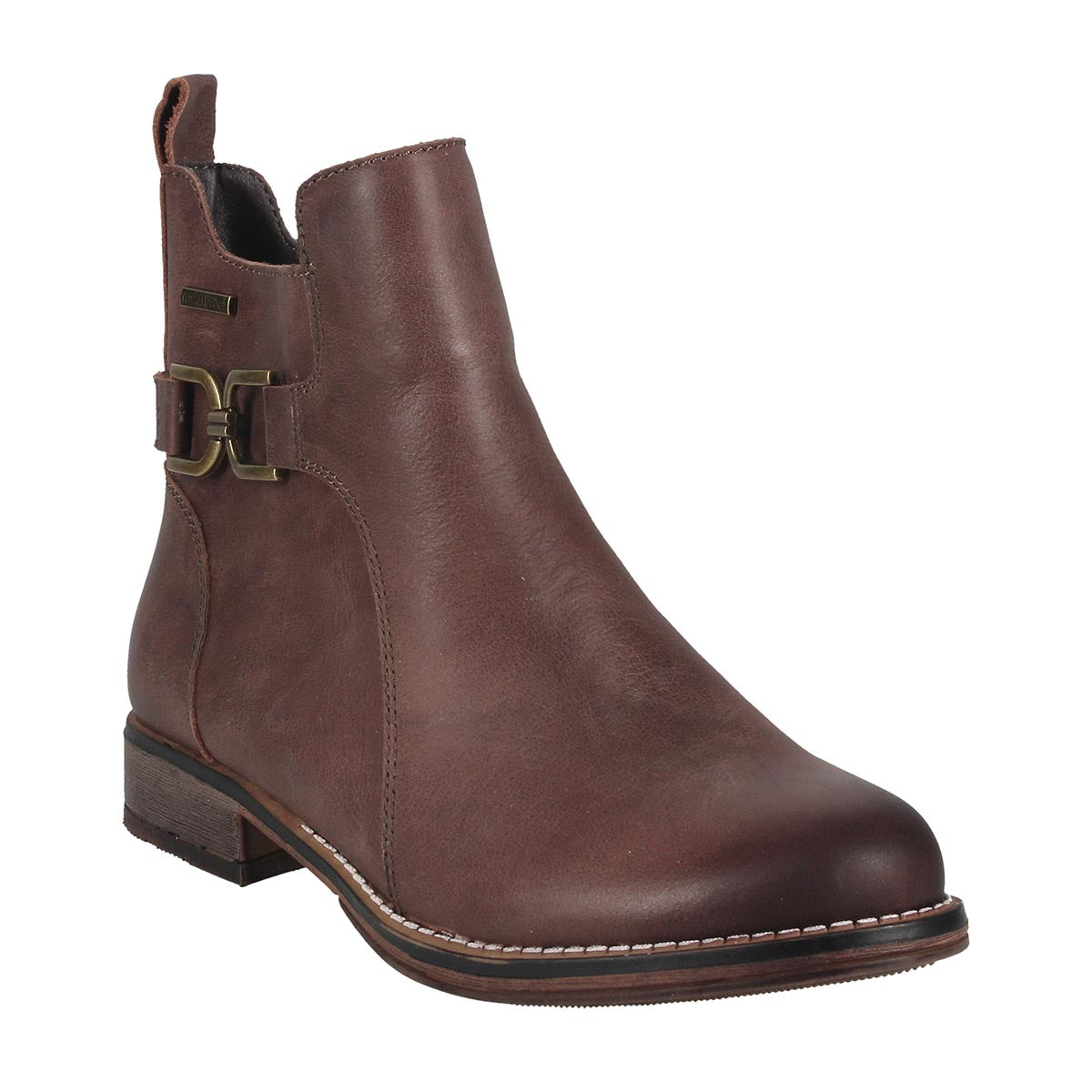 Brown leather Josef Seibel ankle boot with a side buckle strap and contrast stitching on the sole, 717191-330