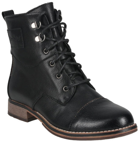 Josef Seibel black leather waterproof lace-up boot with metal speed hooks, cap toe, rear pull tab, and low heel. Style #717197-100