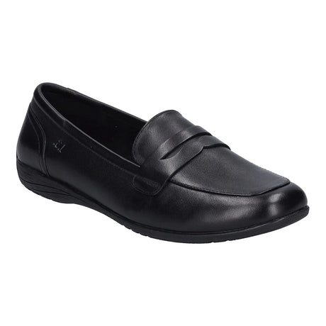 Black leather sandal with two wide adjustable straps across the foot, rear heel pull loop, contoured cushioned footbed with arch support, and low-profile rubber sole designed for all-day comfort. Style #74822-105