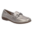 Champagne metallic leather loafer with dark bit buckle hardware and brown flexible rubber sole. Style #74834-278