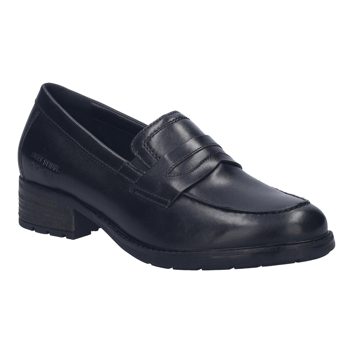 Black leather Josef Seibel loafer with a traditional penny-slot strap and low stacked heel, 75302-100