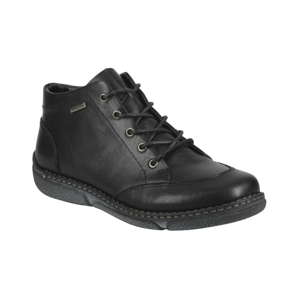 Black leather ankle boot with side zipper, round toe, low heel, and textured TR outsole. Features waterproof construction and removable footbed for versatile, weather-ready wear. Style #785101-100