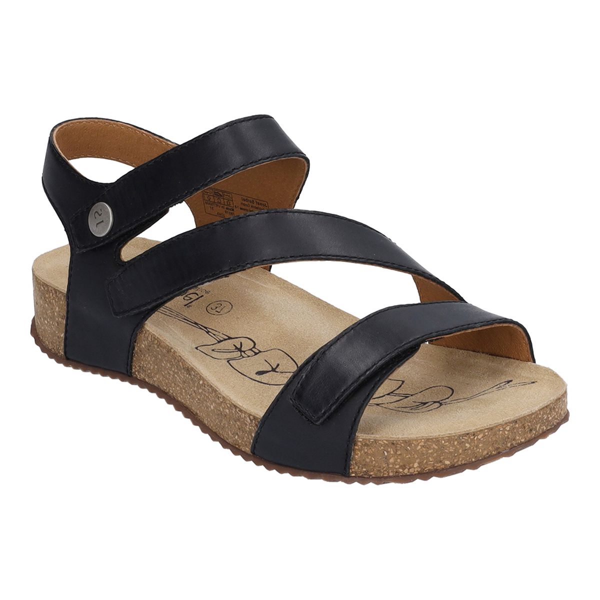 Black leather sandal with two adjustable straps, contoured cork footbed, open toe, and low-profile PU outsole. Designed for breathable support and everyday wear. Style #78519-5600