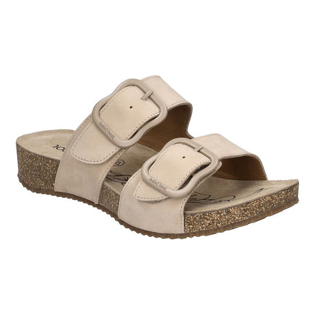Beige leather sandal with two adjustable straps, contoured cork midsole, open toe, and flexible TR outsole. Lightweight and supportive for everyday summer wear. Style #78564_380200