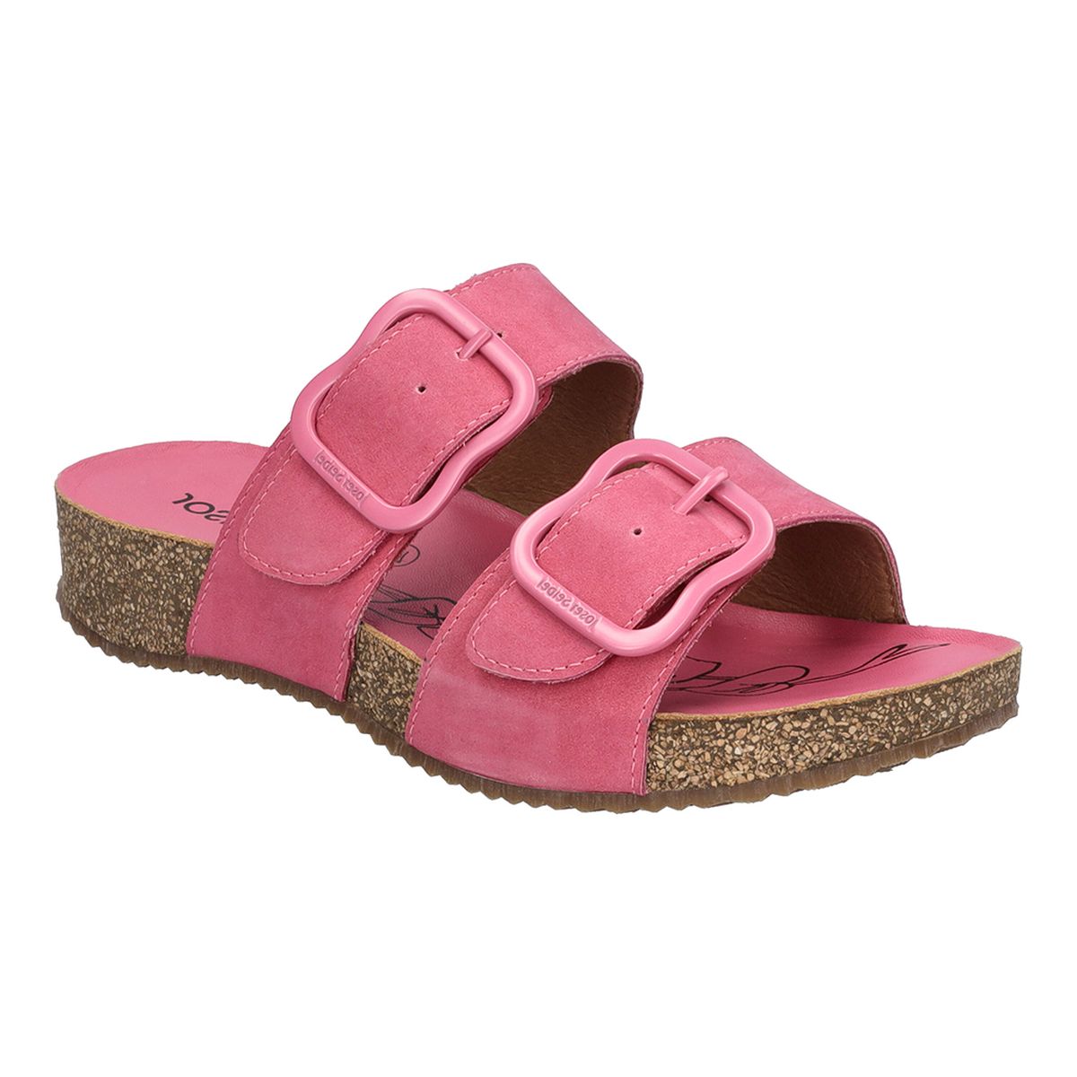 Pink leather sandal with two adjustable straps, contoured cork footbed, open toe, and lightweight TR outsole. Designed for breathable comfort and everyday support. Style #78564_423