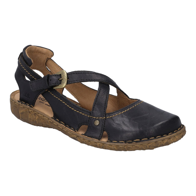 Black leather Josef Seibel sandal with a closed toe, criss-cross straps, and contrast stitching, 79513-100