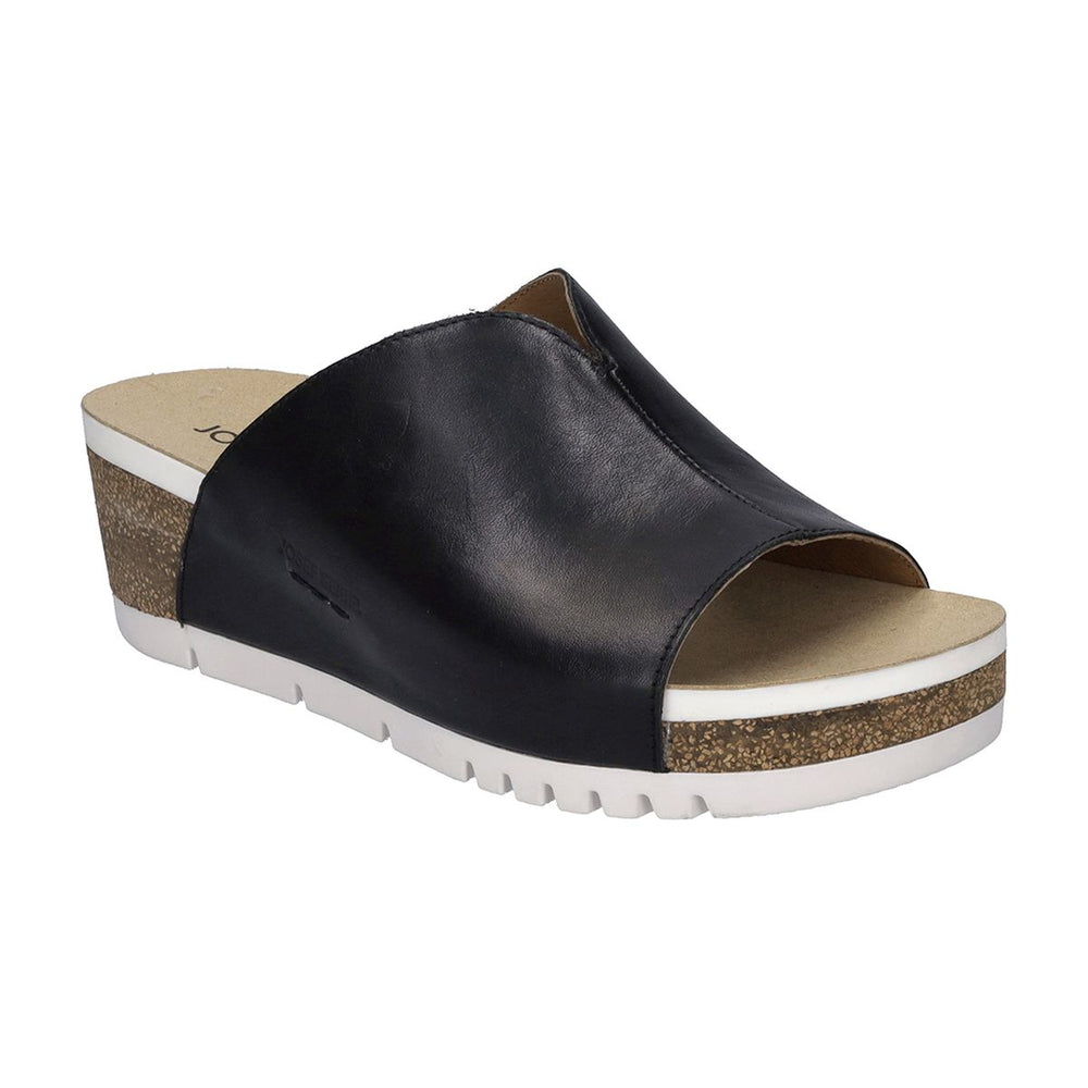 Black leather low-top sneaker with lace-up closure, rounded toe, and flexible TPR sole. Sleek everyday shoe designed for breathable comfort and casual support. Style #83501_509100