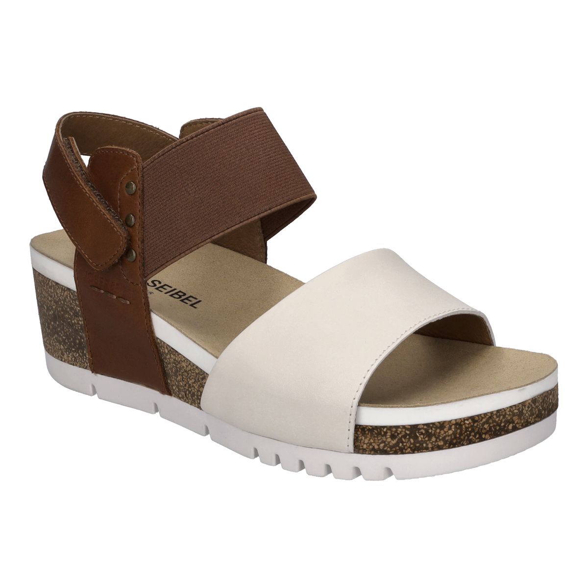 Cream and beige leather sandal with open toe, back Velcro strap, and cushioned footbed. Flexible sole designed for breathable, all-day summer comfort and casual wear , Style #83509-231