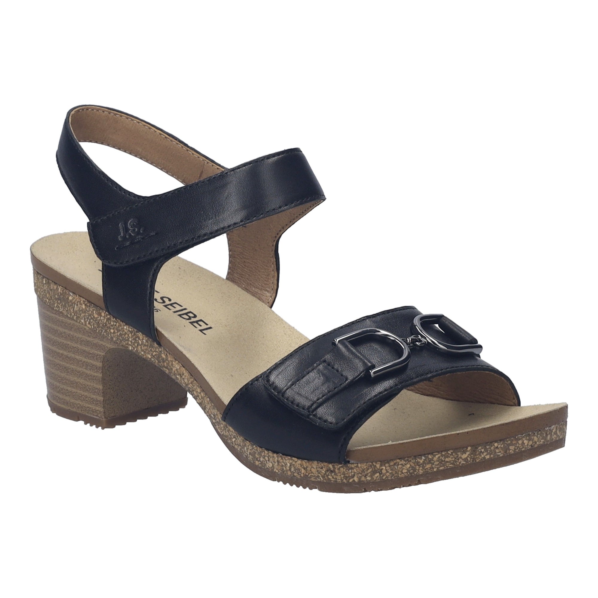 Women's black leather heeled sandal with adjustable straps, metal link detail, and a cork-wrapped block heel. Style #86405 5100