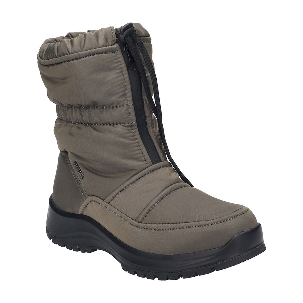 Bronze leather ankle boot with front zipper, low heel, and smooth finish. Features waterproof Top-Dry Tex lining, removable cushioned insole, and flexible PU sole for dry, comfortable walking in wet weather. Style #91858_775