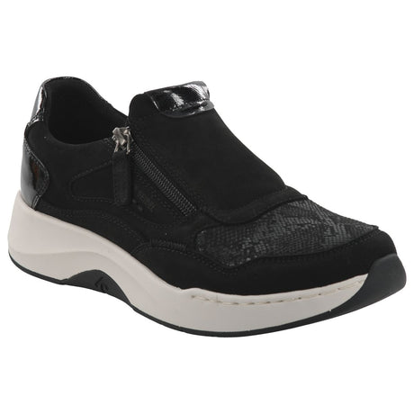 Black leather ankle boot with side stretch panels and inner zipper for easy entry. Designed with removable footbed, cushioned interior, and flexible EVA/TR sole for comfortable walking and multi-width foot fit. Style #96203_100