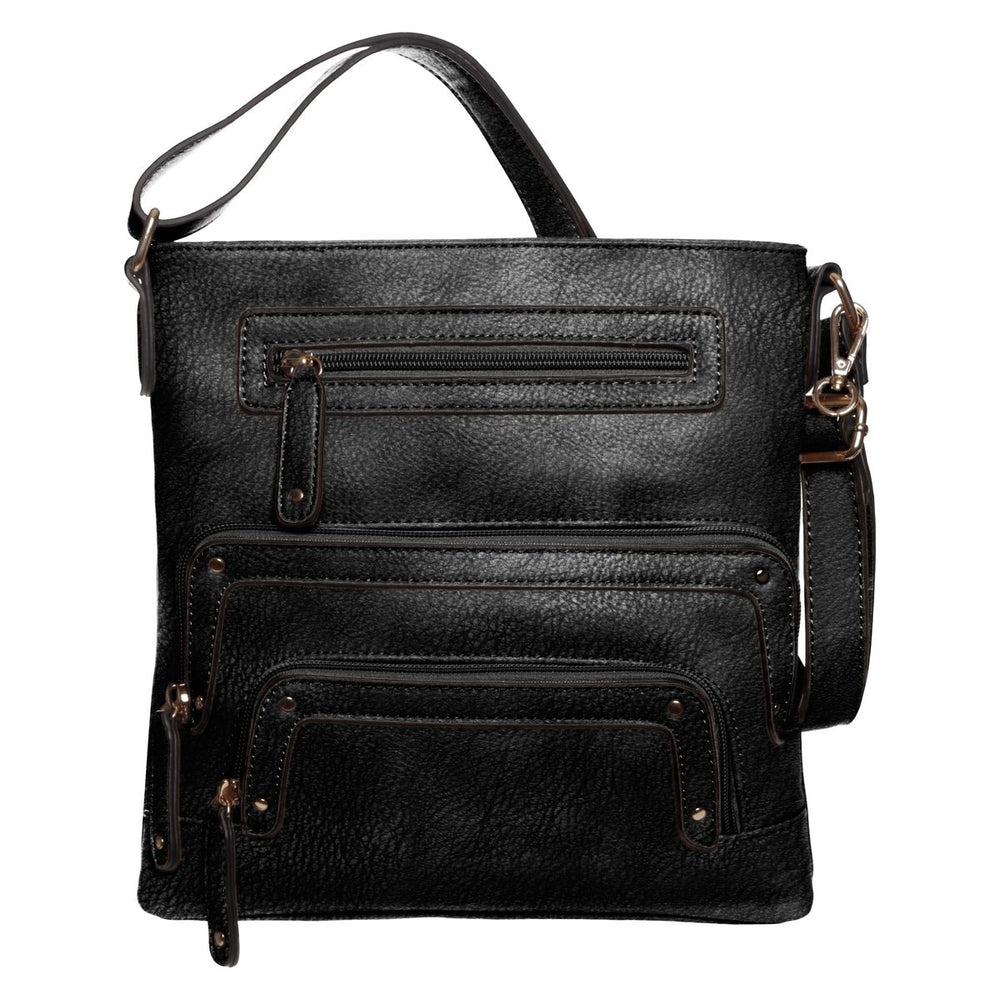 La Diva black textured leather crossbody handbag featuring multiple zippered front compartments and shoulder strap. Style #43916STL