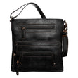 La Diva black textured leather crossbody handbag featuring multiple zippered front compartments and shoulder strap. Style #43916STL