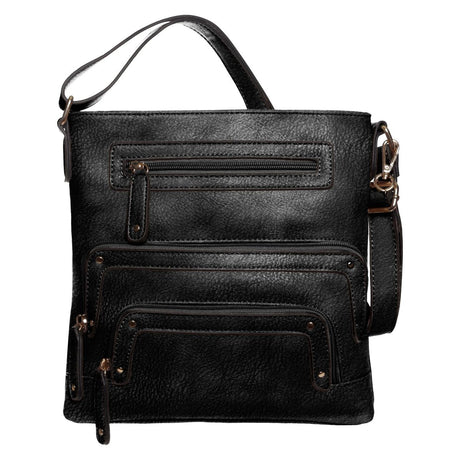 La Diva black textured leather crossbody handbag featuring multiple zippered front compartments and shoulder strap. Style #43916STL
