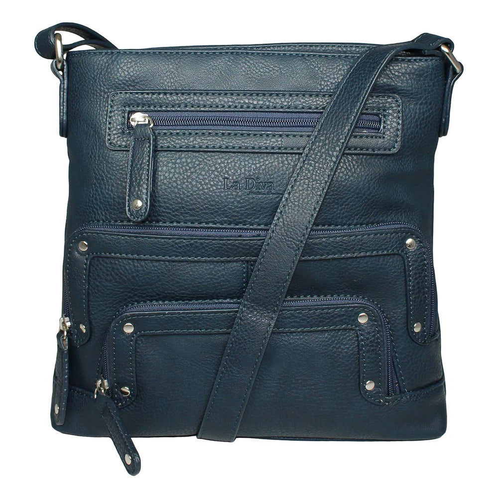 La Diva navy textured leather crossbody handbag featuring multiple zippered front compartments and shoulder strap. Style #43916STL