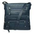 La Diva navy textured leather crossbody handbag featuring multiple zippered front compartments and shoulder strap. Style #43916STL