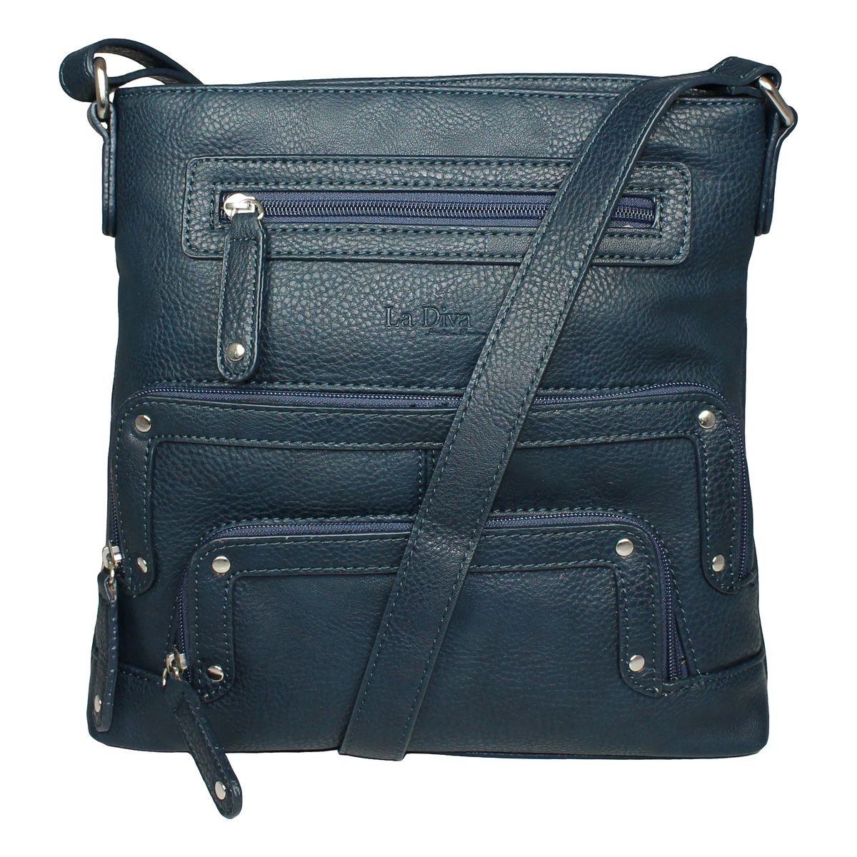 La Diva navy textured leather crossbody handbag featuring multiple zippered front compartments and shoulder strap. Style #43916STL