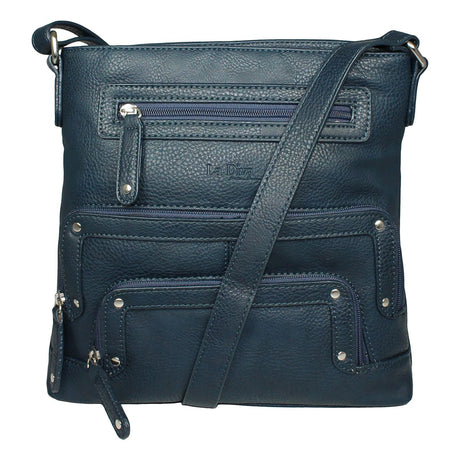 La Diva navy textured leather crossbody handbag featuring multiple zippered front compartments and shoulder strap. Style #43916STL