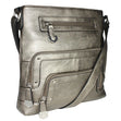 La Diva pewter textured leather crossbody handbag featuring multiple zippered front compartments and shoulder strap. Style #43916STL