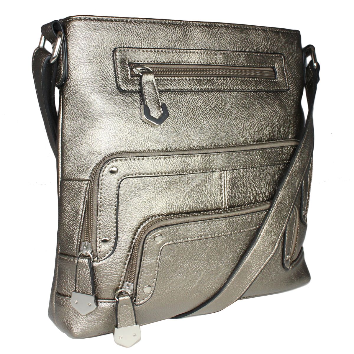 La Diva pewter textured leather crossbody handbag featuring multiple zippered front compartments and shoulder strap. Style #43916STL
