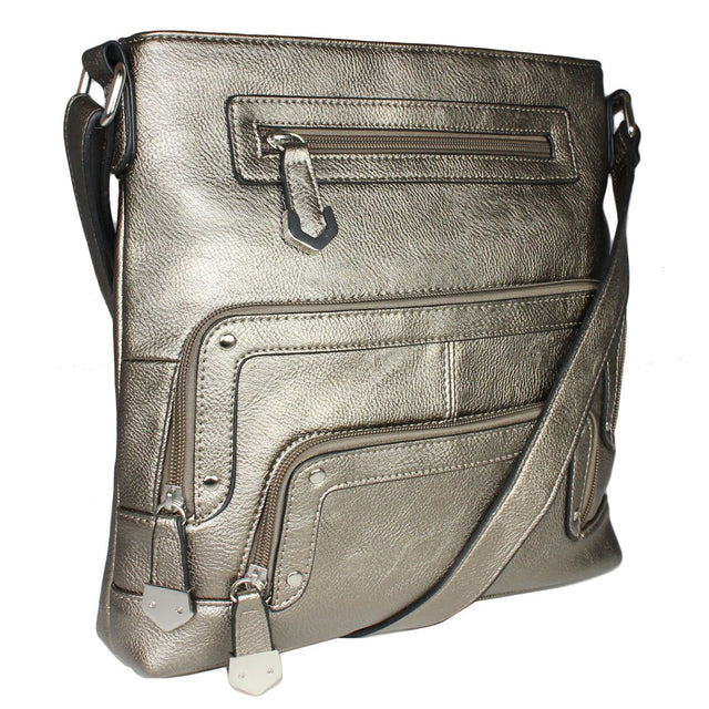 La Diva pewter textured leather crossbody handbag featuring multiple zippered front compartments and shoulder strap. Style #43916STL