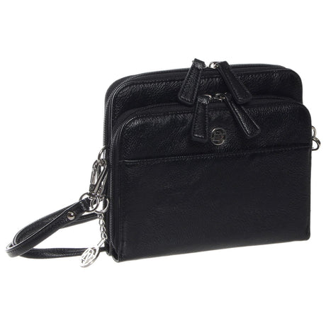 La Diva black structured crossbody handbag with top dual zippers, front logo emblem, and metal key charm. Style #5250STL.